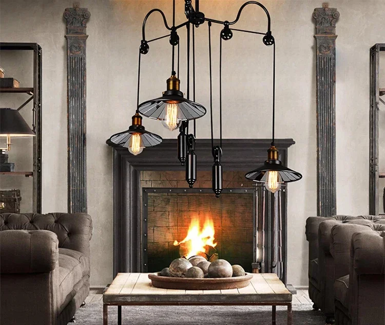 Factory Filament Triple Reflector Chandelier Pulley Ceiling Lamp Loft E27 Light