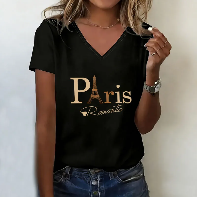 Modisches Vintage Paris Schriftzug T-Shirt V-Ausschnitt Lässiges Bequemes T-Shirt Damen Kurzarm Tee-Shirt V-Neck Sommer Frühling