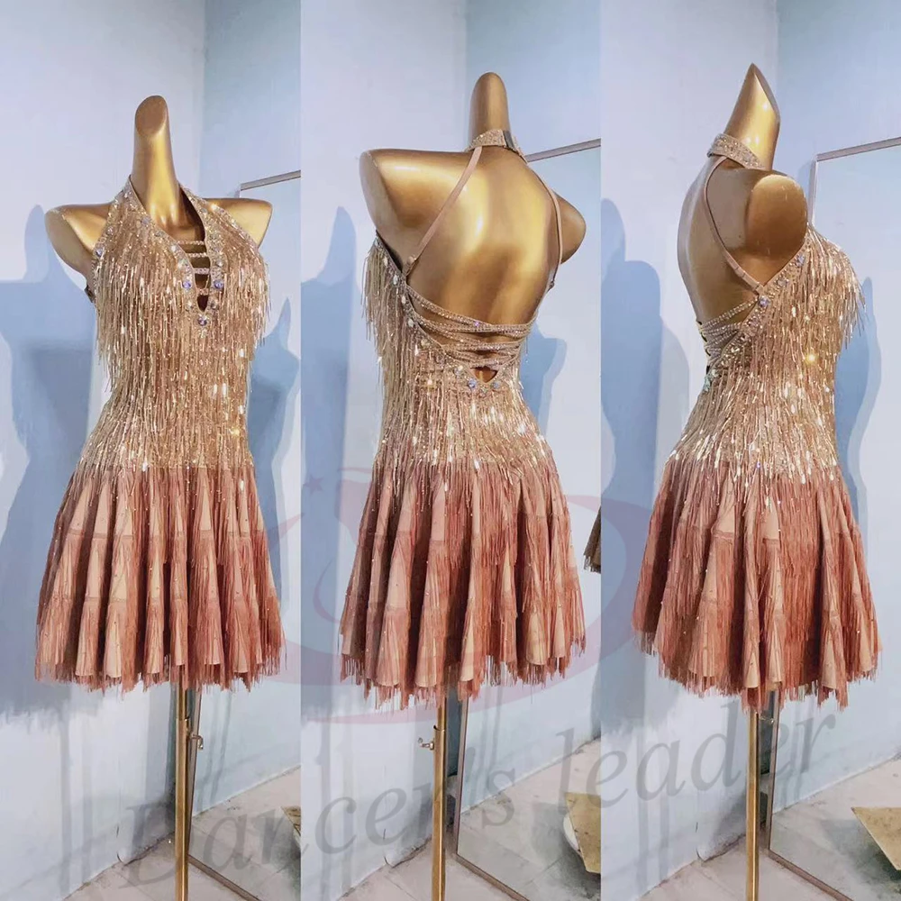 فستان راقص لاتيني للأطفال البالغين عالي الجودة مصنوع من الخرز المعدني وشرابة تانجو سامبا AB Stone Performance