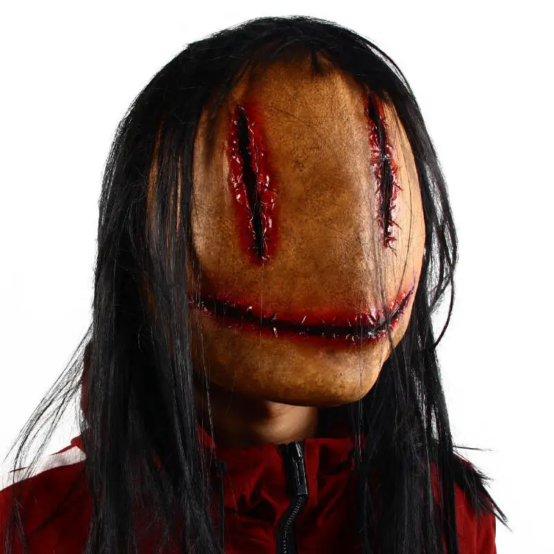 Scary Stitched Bloody Face Ghost Mask Long Black Hair Latex Full Head Mask Halloween Cosplay Haunted Party Masquerade Headgear