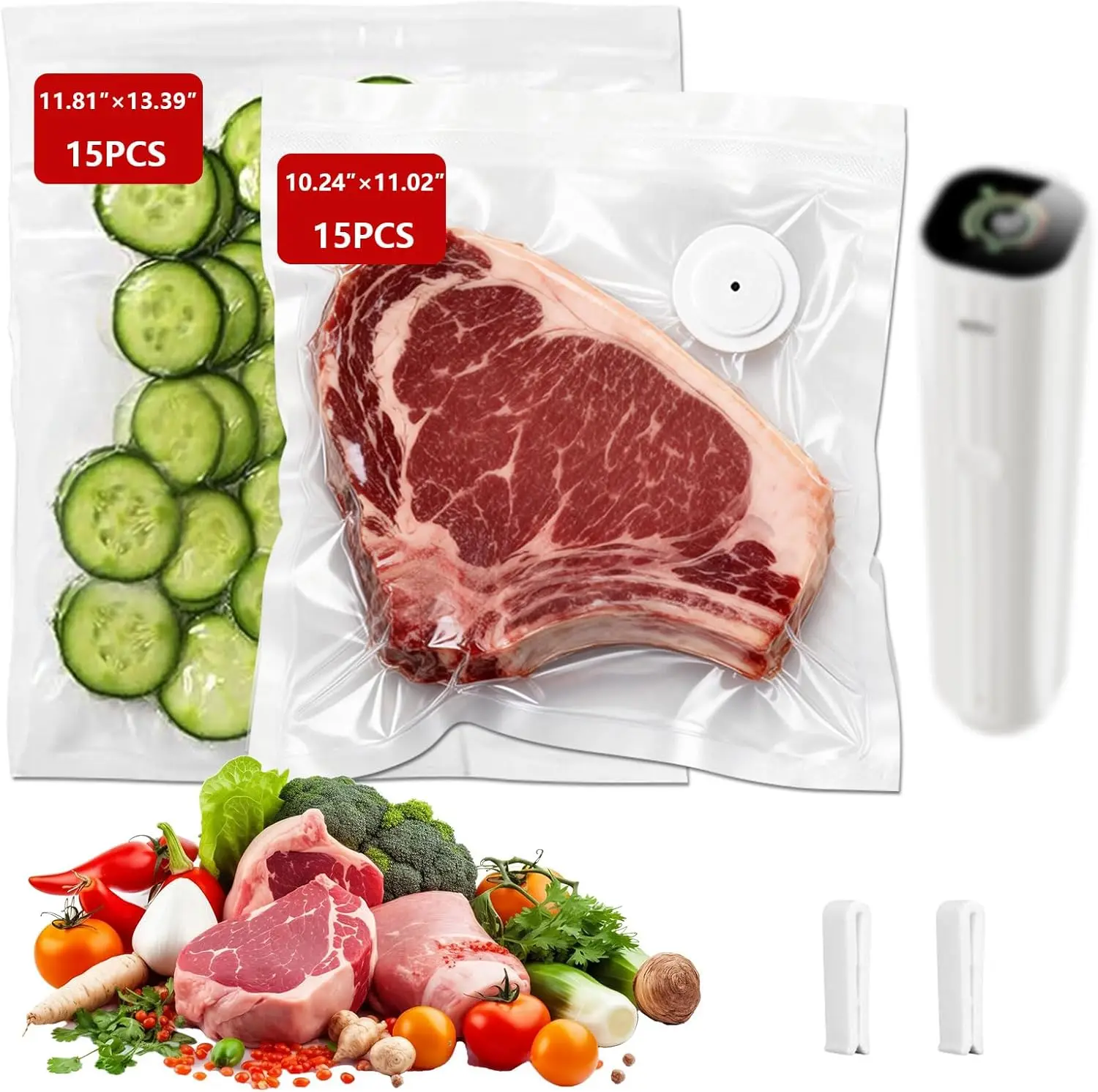 

30 Pack Reusable Vacuum Sealer Bags for Natupo, BPA-Free Heavy Duty Sous Vide Bags (15 Medium, 15 Large) with 2 Sealing Clips
