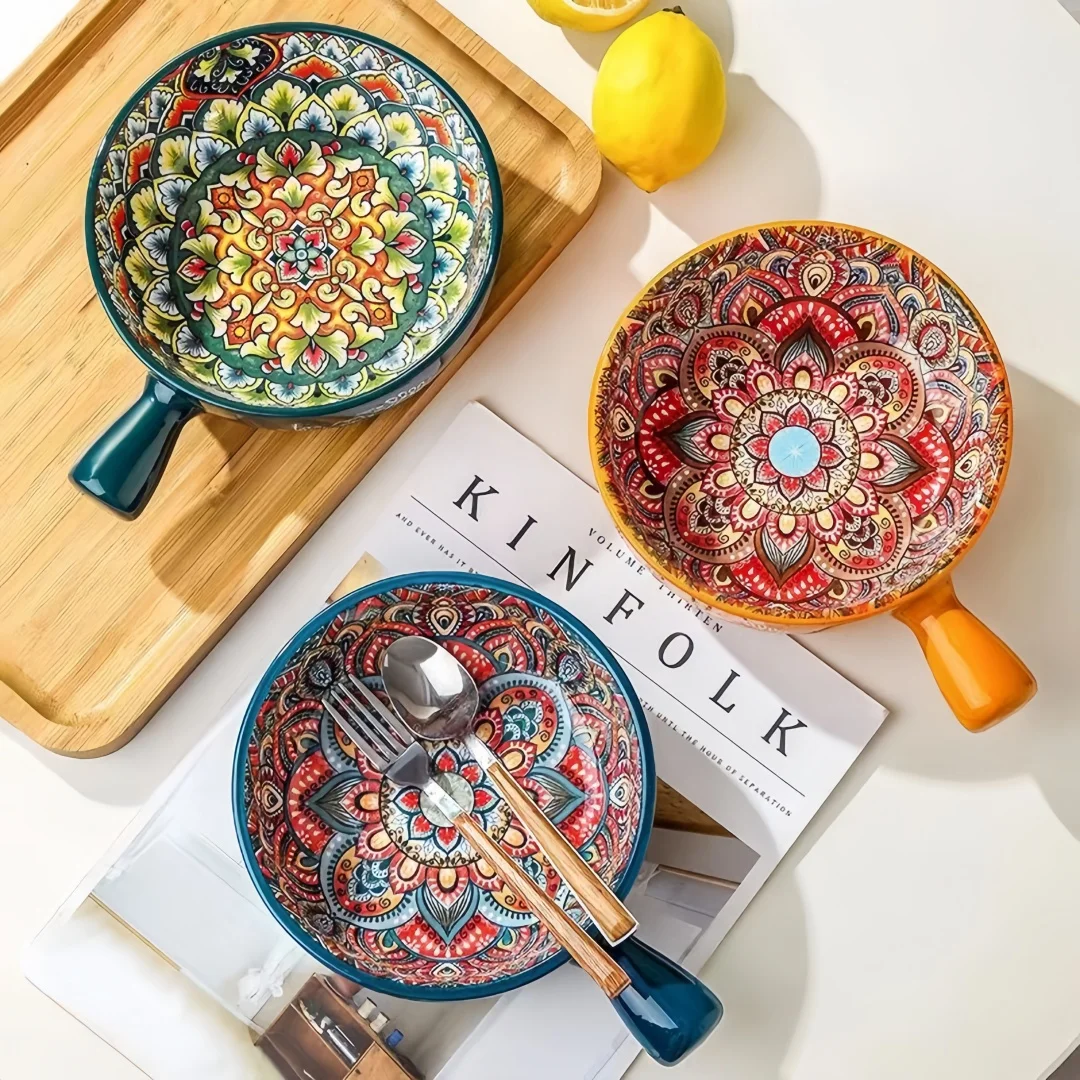 Hand-painted Relief Pattern Salad Bowl with Handle, Pasta Bowl, Kitchen Baking Utensils, Suitable for Use in Ovens and Microwave