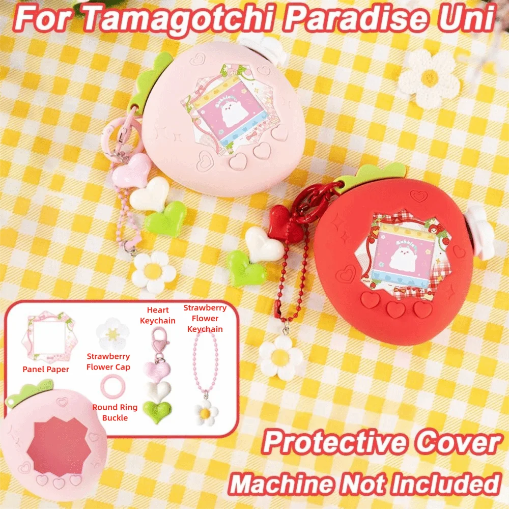 Silicone Protective Cover with Panel Paper Pendant Knob Cover Decorative Cover Red Pink Strawberry for Tamagotchi Paradise Uni