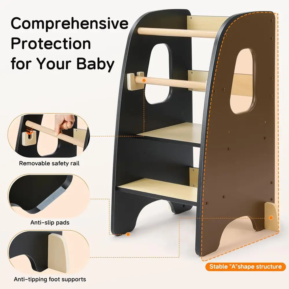 Anti-Tip Toddler Kitchen Helper Stool, Rounded Edge, Removable Rail, for Ages 1.5-6, Black