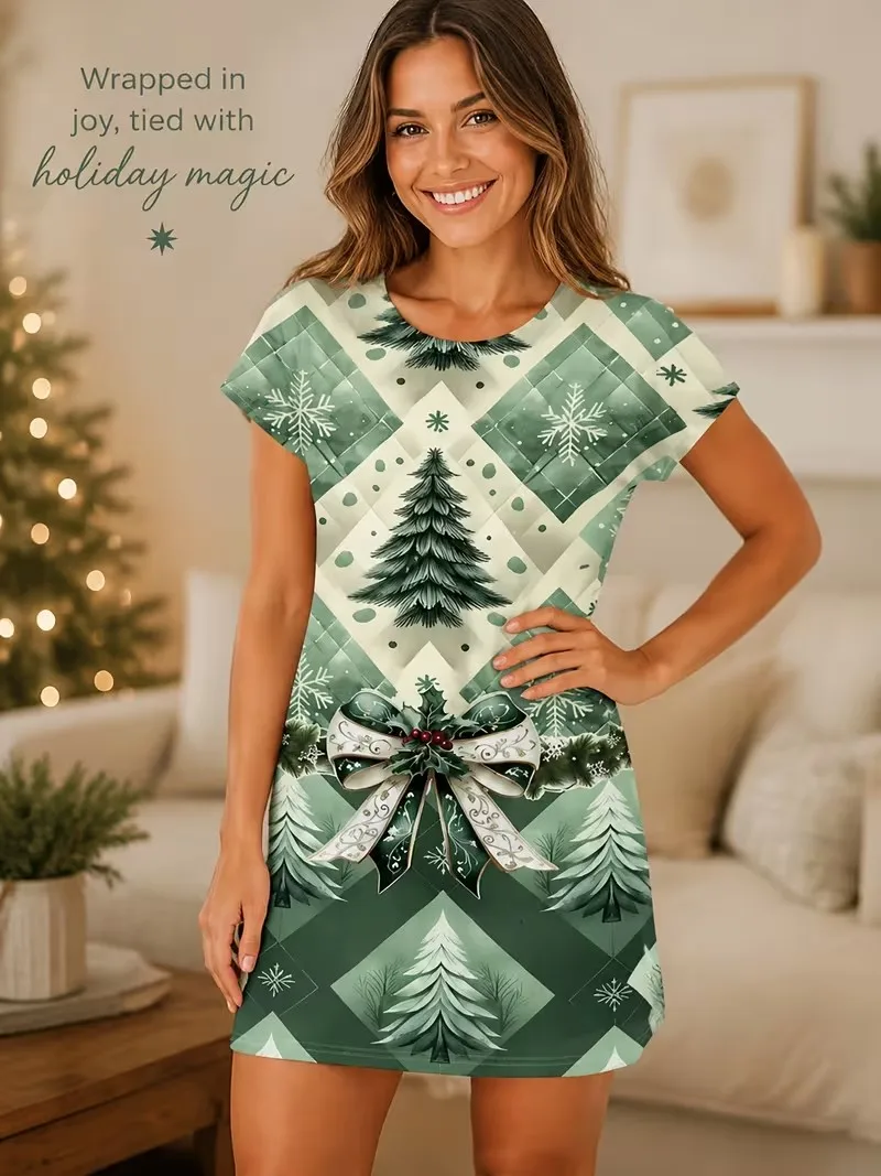 3D fashion printed women's short sleeved round neck dress, sweet New Year Christmas casual party daily women's clothing