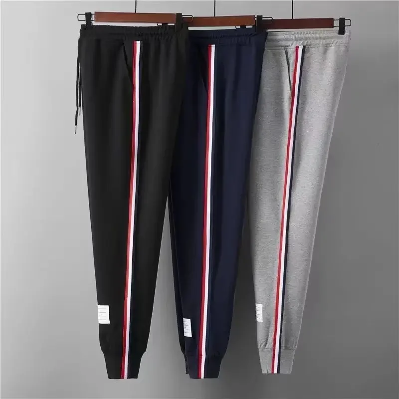 2024 autumn classic men's side woven sweatpants, casual sports pants, leg tied long pants, trendy cropped pants