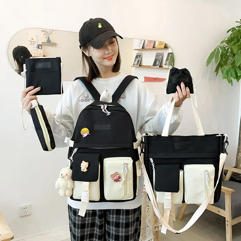 Student Durable School Bag Girls Solid Color 5 Piece Set Lightweight Large Capacity Casual Childrens Backpack Versatile Backpack