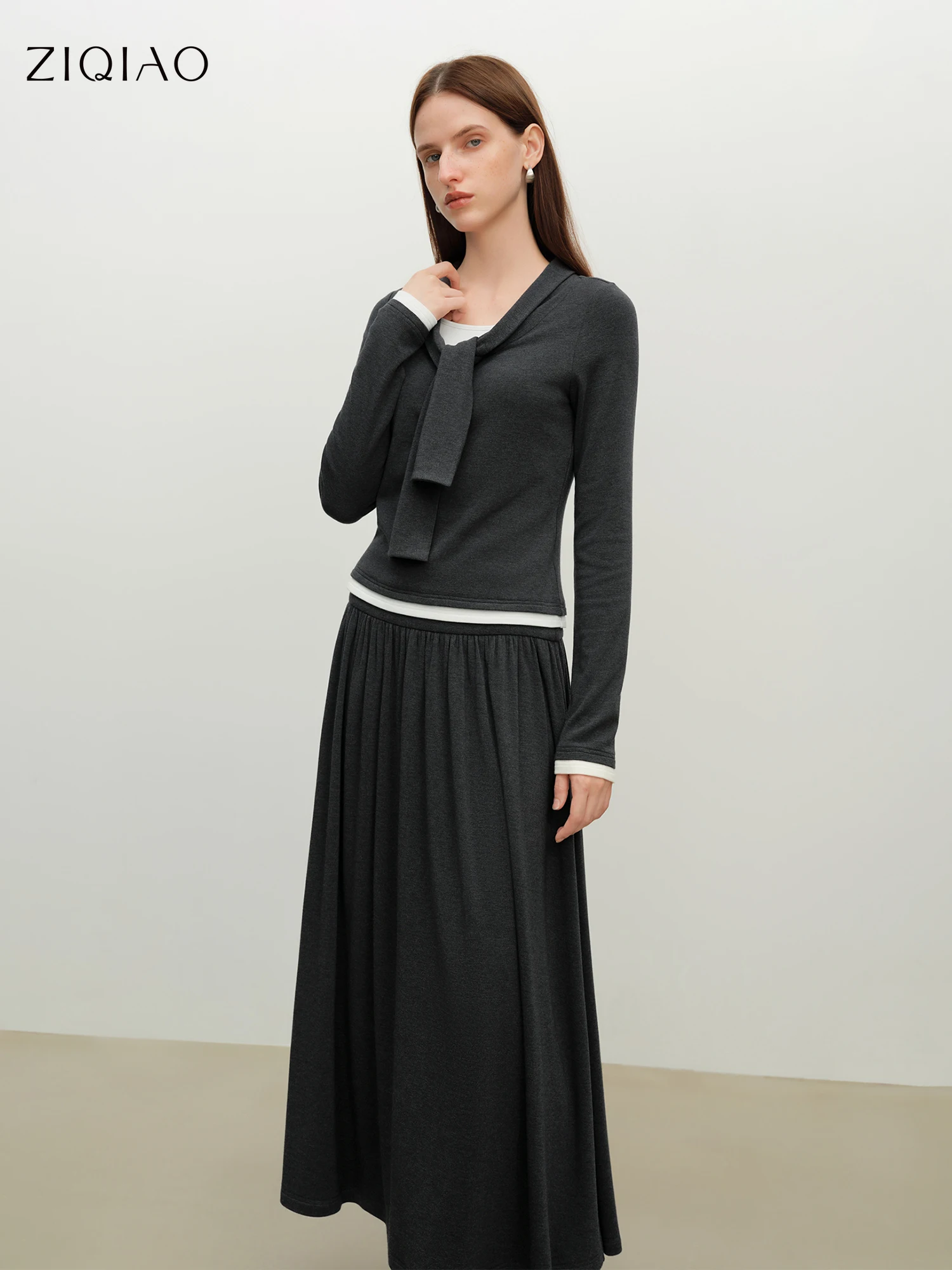 

ZIQIAO Petite Size 2025 Winter Women Preppy Color Block Tie Waist Two Piece Set False Two Layer Top & Midi Skirt Office Elegant