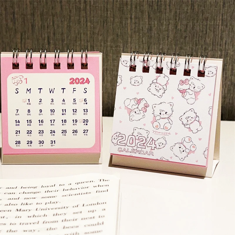 Calendario de escritorio de gato rosa de dibujos animados, Mini lindo Calendario de escritorio abatible de pie, pequeño calendario mensual de planificación diaria para el hogar, 2024