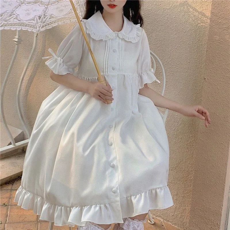 Lolita Fairy Dresses Women Summer New Peter Pan Collar Sweet Lace-up Puff Sleeve Solid Patchwork Edible Tree Fungus Loose Dress