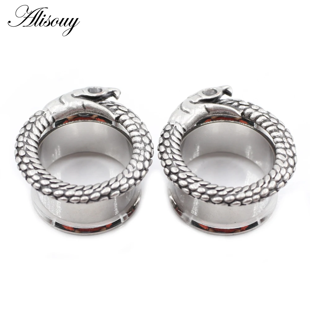Alisouy 2pcs 6-25mm Retro Unique Stainless Steel Snake Head Ear Tunnels Plugs Expander Stretcher Gauges Body Piercing Jewelry