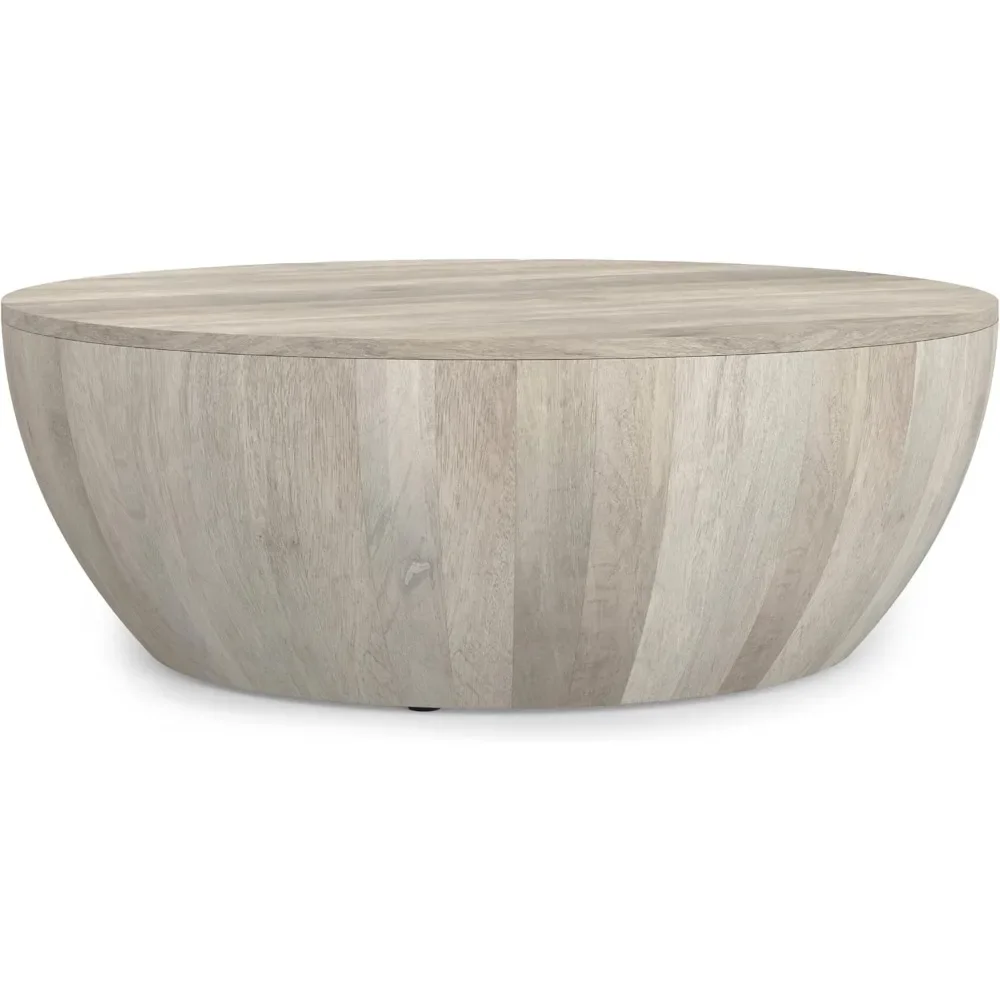 Elmbrook Solid Mango Wood 34-Inch Wide Round Modern Urban Drum Coffee Table - White Wash Finish