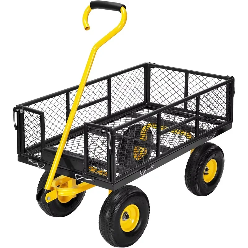 STLF Duty 880 Lbs Capacity Mesh Steel Garden Cart Folding Utility Wagon Removable Sides 4.10/3.50-4