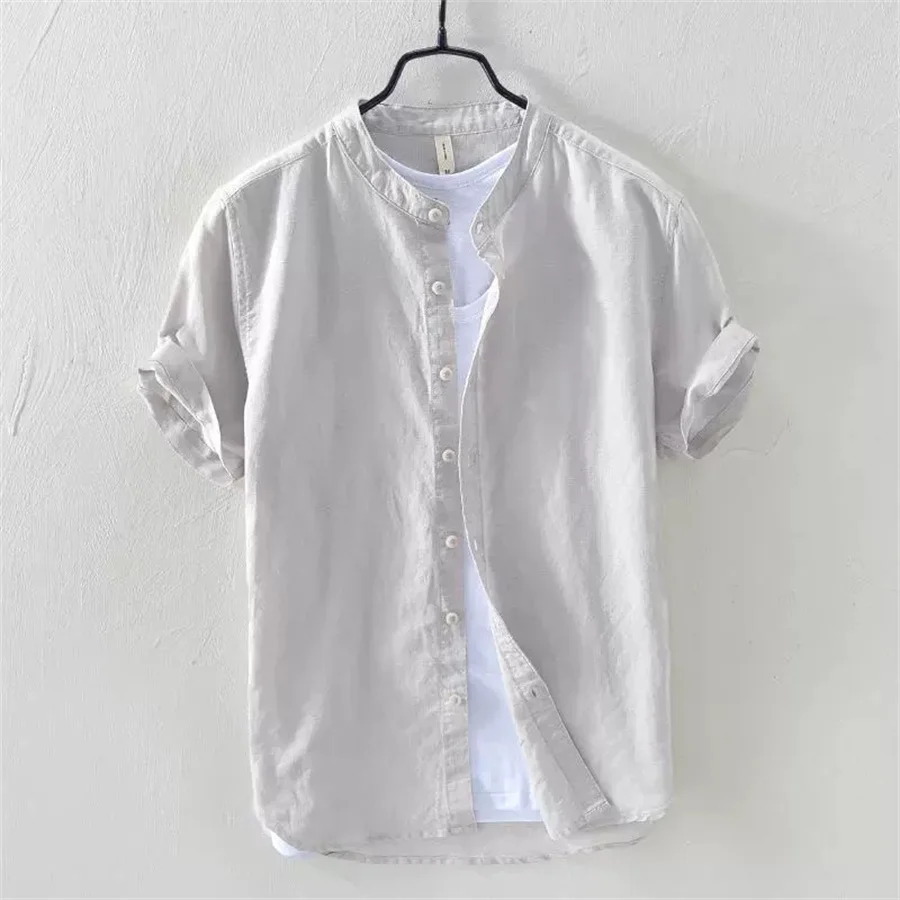 

2025 New Cotton Linen Men Short Sleeve Shirts Casual Fashion Solid Color Stand Collar Tops Male Summer Classic Basic Clothing