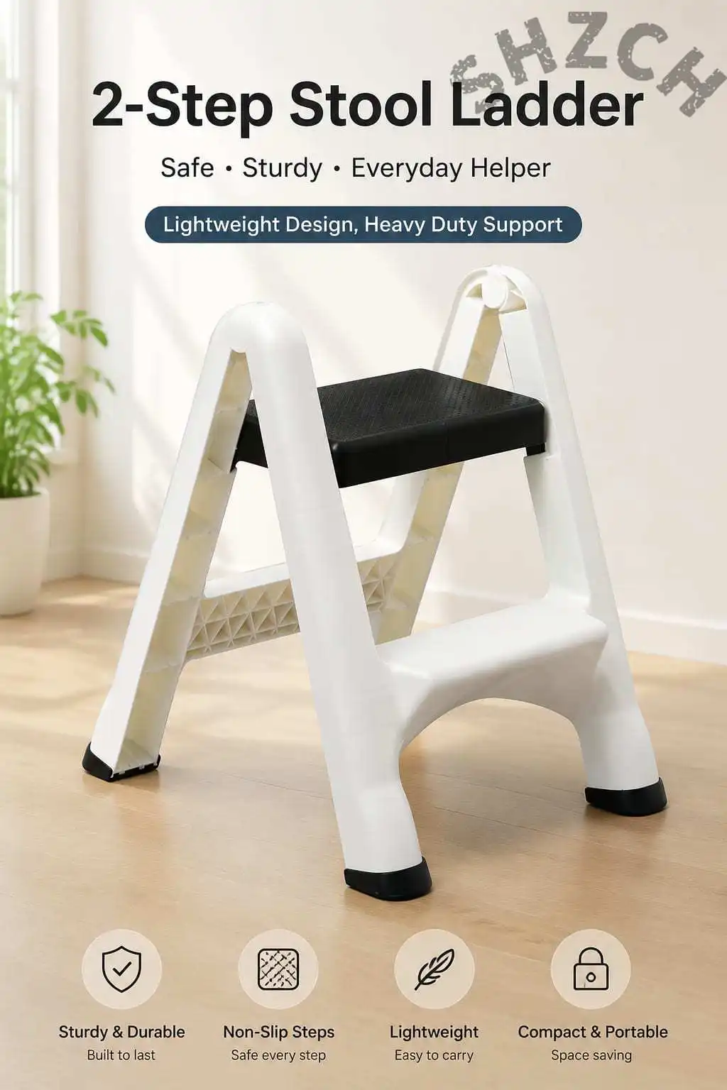 Foldable Two-Step Plastic Ladder for Car Washing, Home Use, and General Climbing – Lightweight & Portable