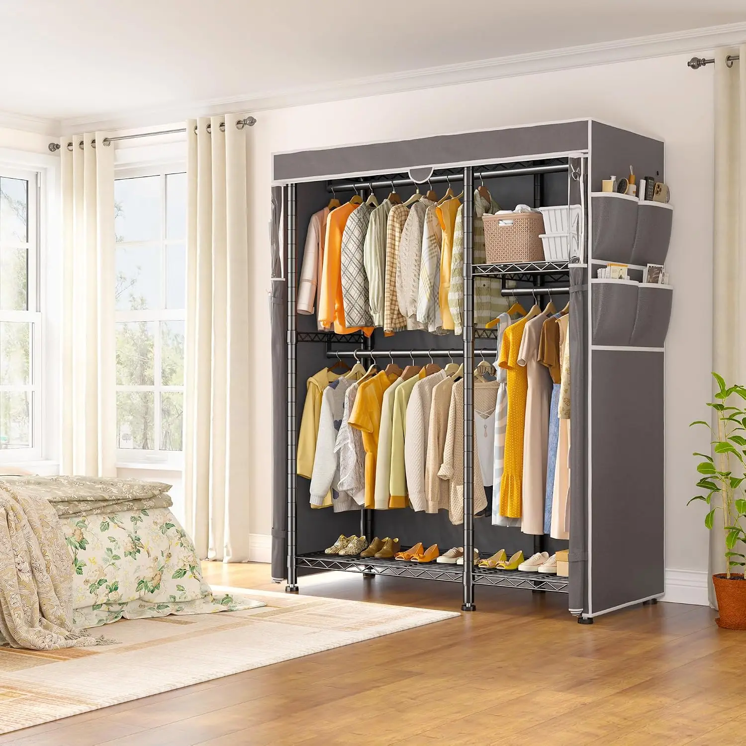 Rolling Portable Clothes Rack with 4 Hanging Zones, 3 Short + 1 Full-Length Garment Areas, Adjustable Shelves, 600D Oxford Cover, 6 Rubber Casters, 606 lbs Capacity