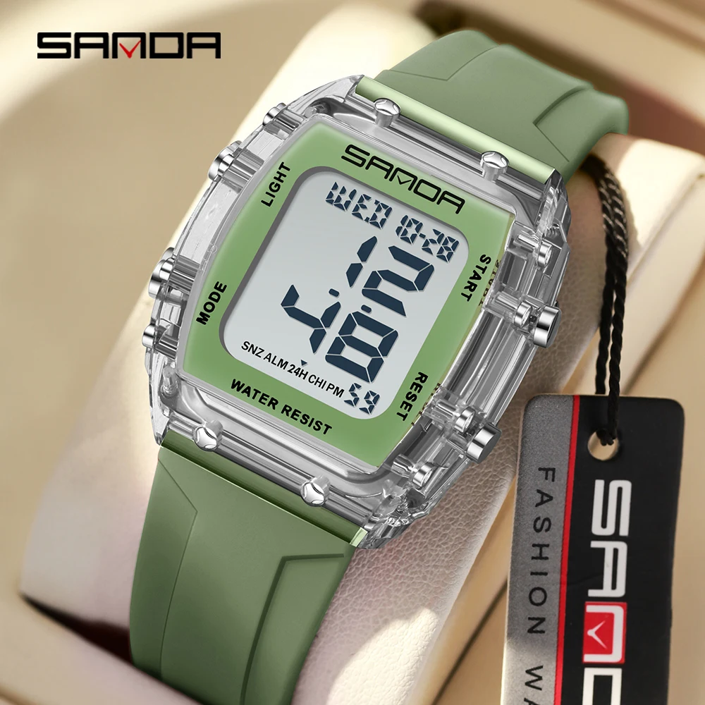 SANDA 2175 패션 남성과 여성의 스포츠 카운트다운 시계 군사 투명 LED 디지털 학생 시계 알람 시계