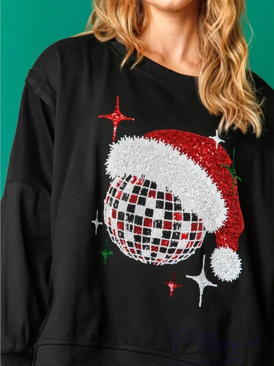 Women s Long Sleeve Sweatshirt Christmas Hat Ball Print Side Slit Drop Shoulders Casual Pullover Tops