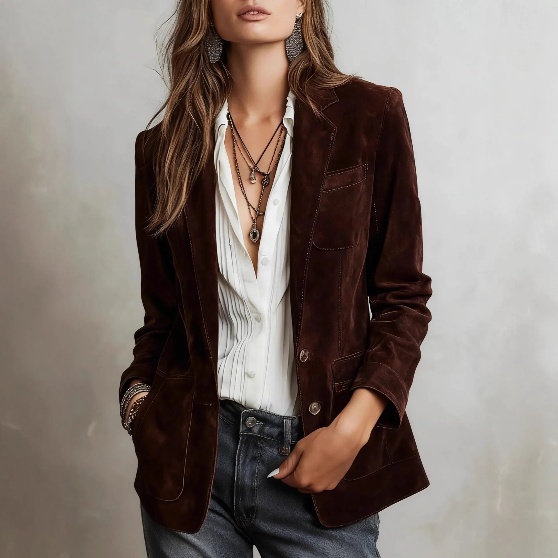 Elegant Women's Medium Weight Knit Jacket Notched Collar Long Sleeve Solid Mid-Length Regular Fit Single Breasted Pocket