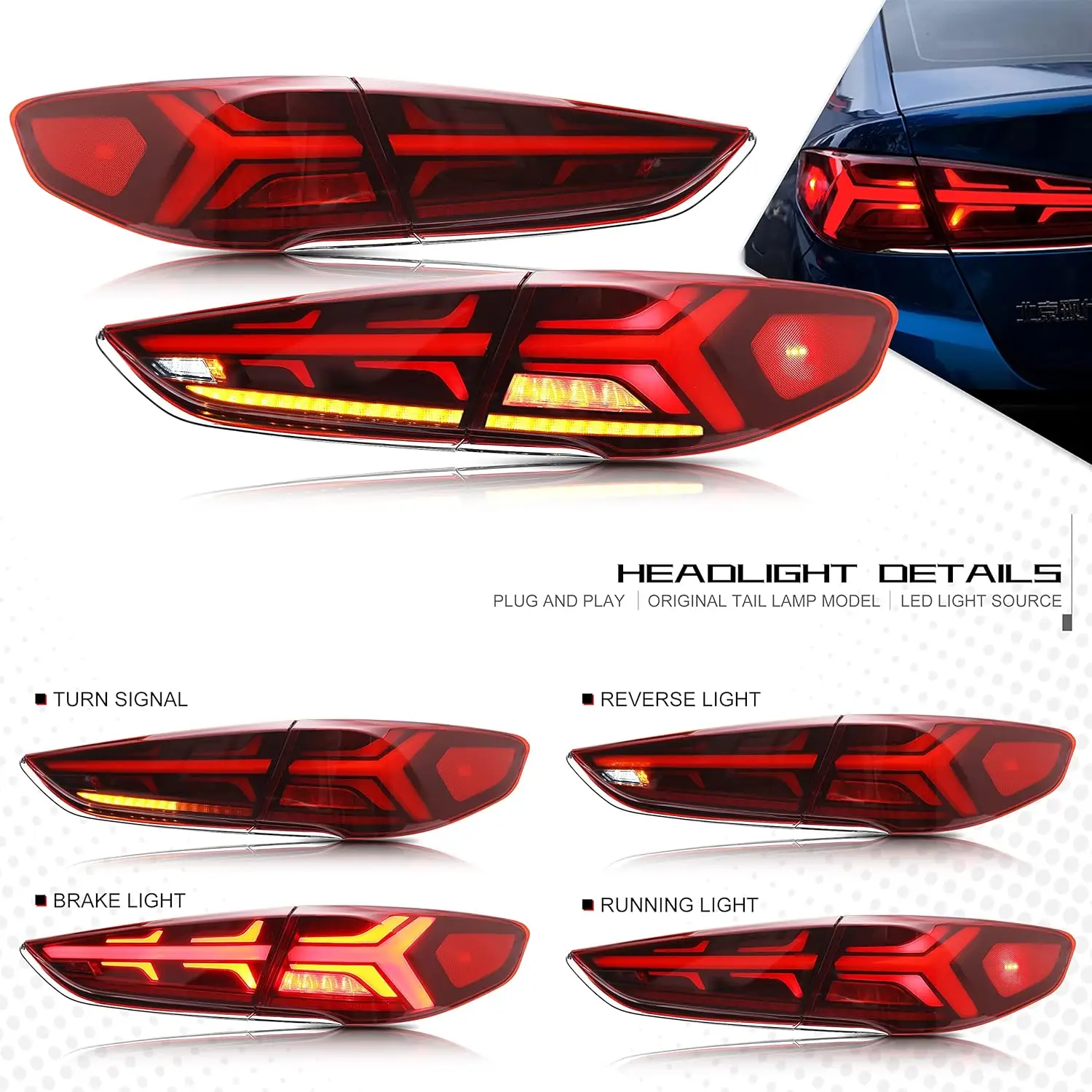 LED Tail Lights For Hyundai Sonata 2018 2019 Start-up Animation DRL Sequential Indicator Rear Lamp Assembly (RED)