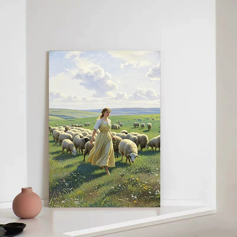 Shepherdess Herding Sheep Poster and Prints Pastoral Scenery Canvas Painting Wall Art Picture for Living Room Home Decor Cuadros