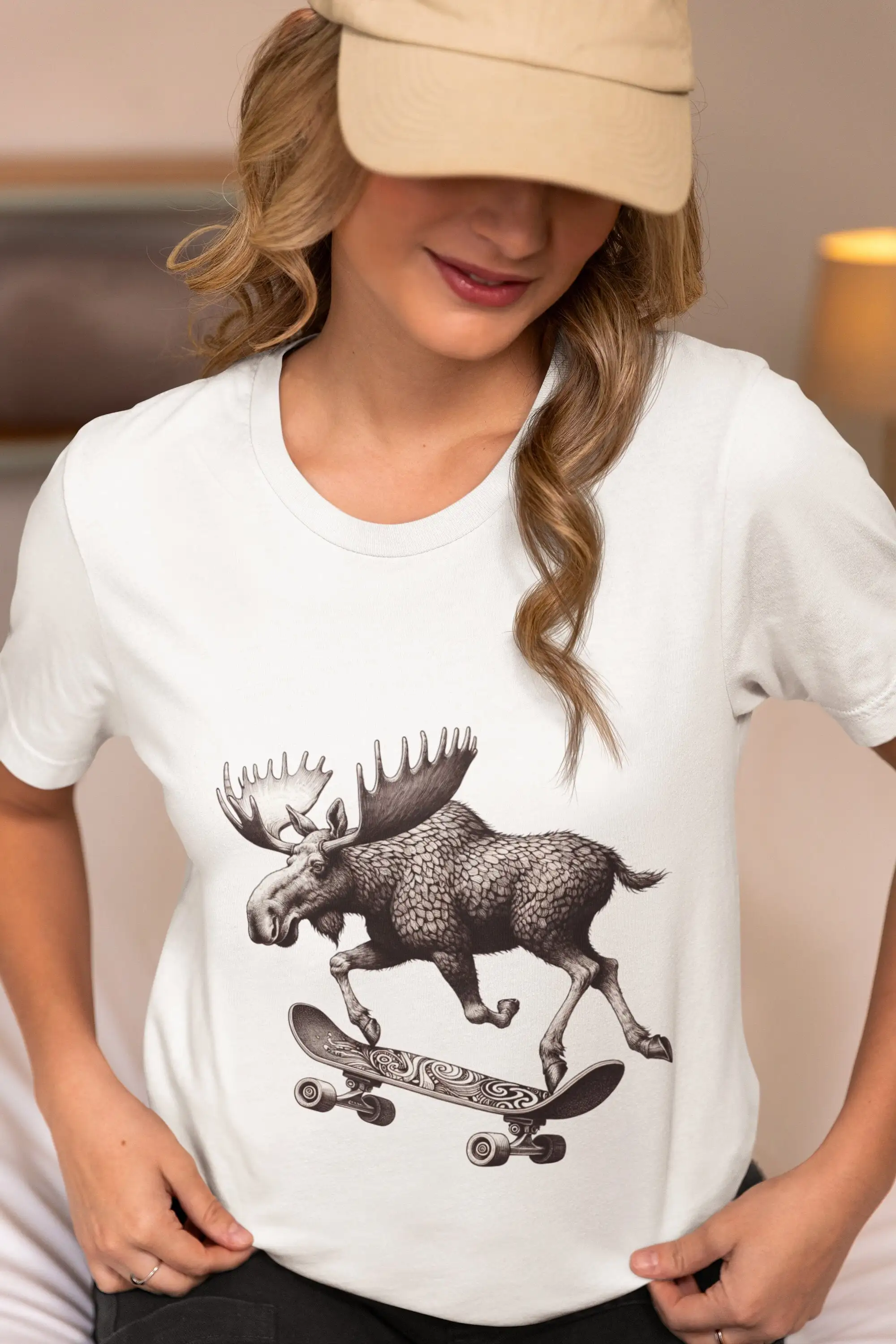 Camiseta con estampado de alce intrincado en monopatín, Top artístico, Skater, Animal, Idea única, todos los tamaños