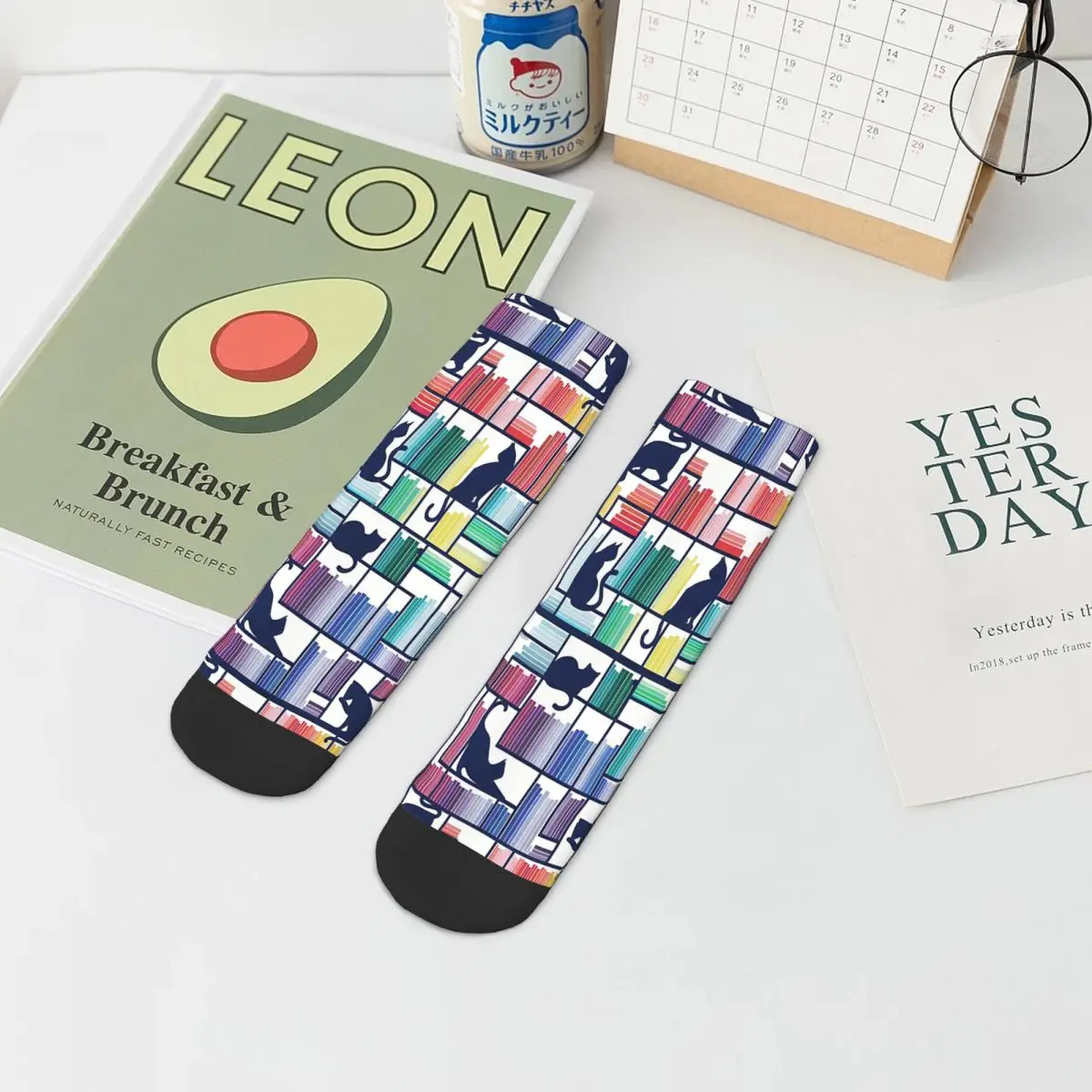 Rainbow Bookshelf White Background Navy Blue Shelf And Library Cats Ankle Socks Male Mens Women Winter Stockings Printed