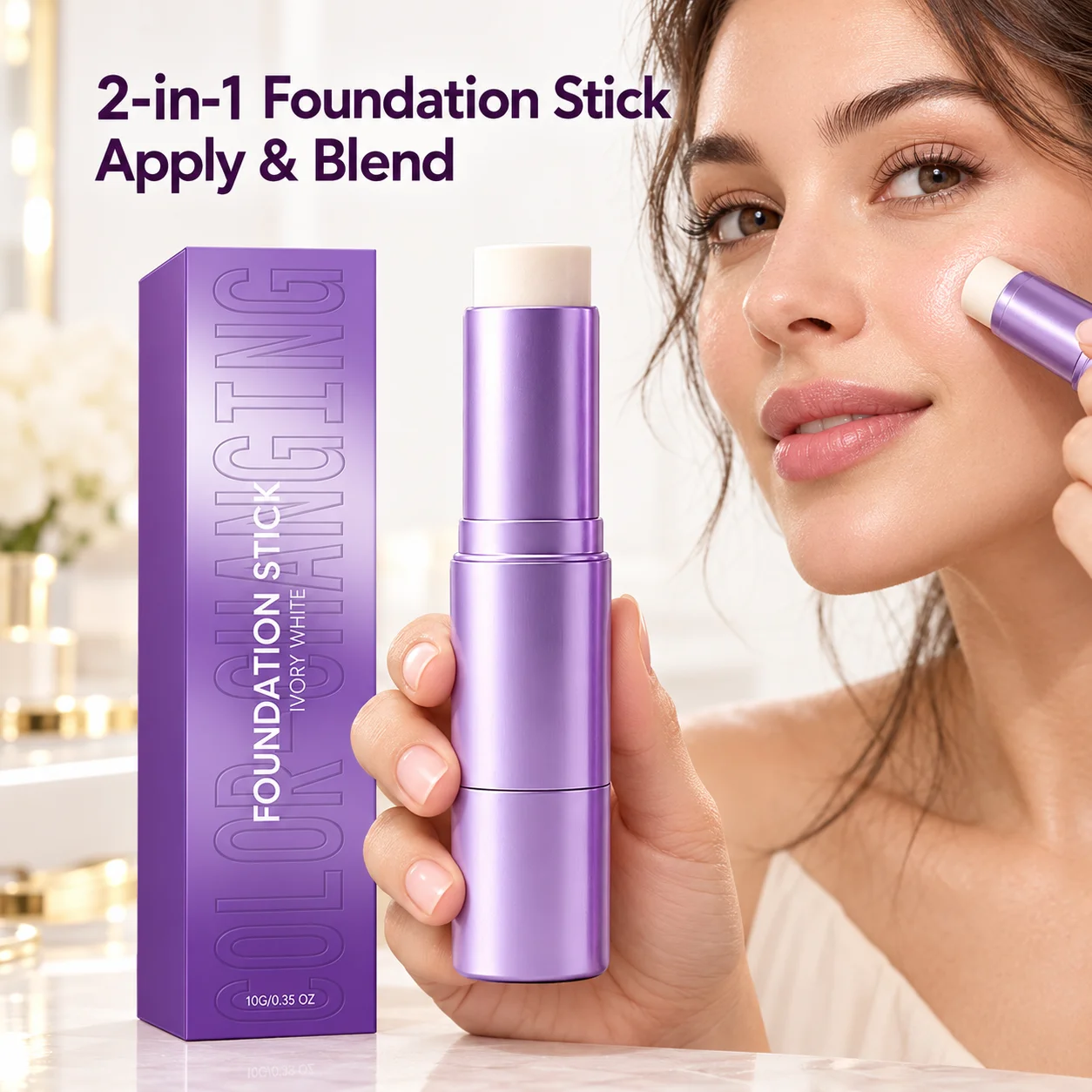 Face Foundation Stick with Brush, 2 in 1 Color Changing Makeup for an Even Looking Base, Natural Radiance and Smooth Finish, 10g