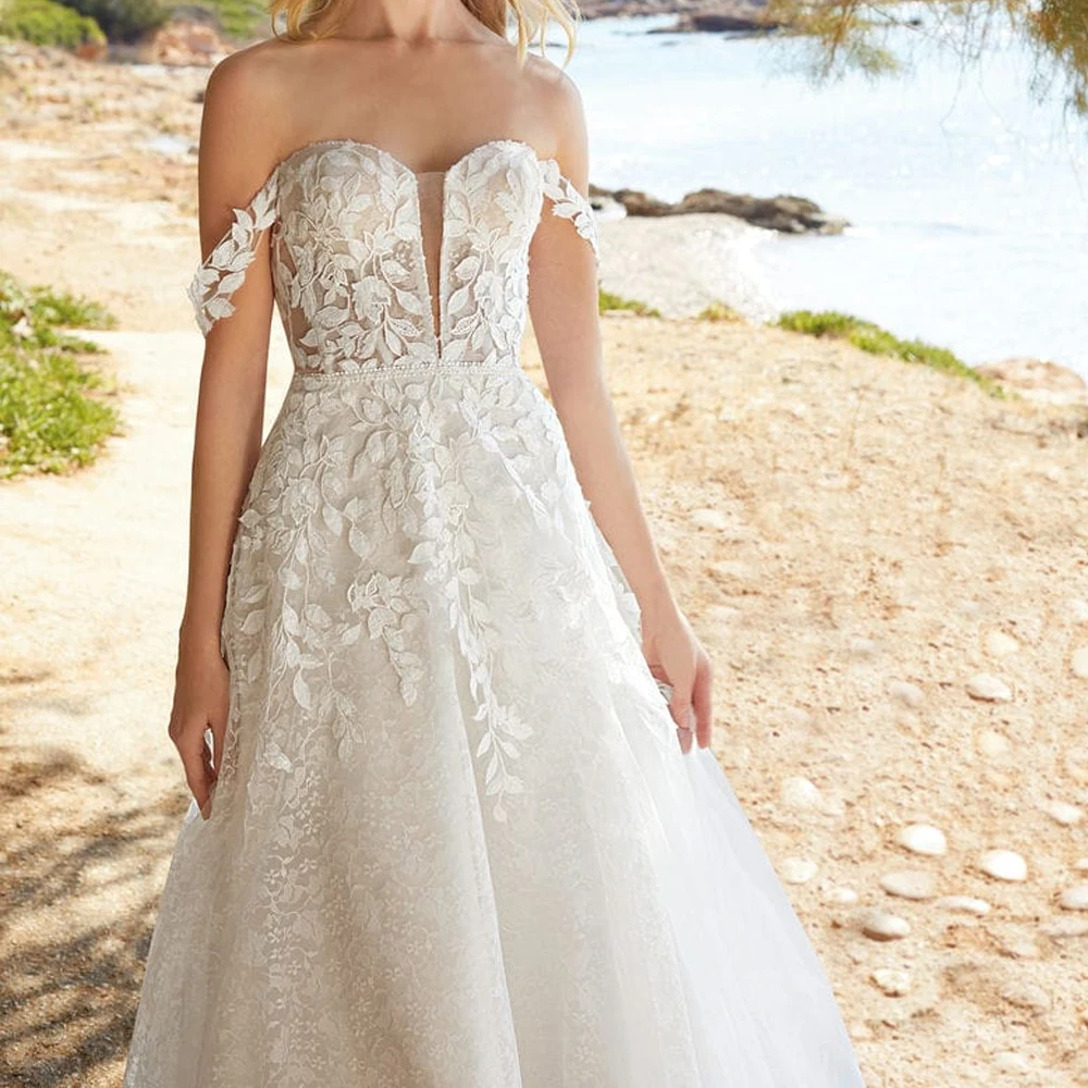 Gaun Pengantin Lengan Bahu Terbuka Kustom Gaun Pengantin Tanpa Tali A Line Gaun Pengantin Applique Renda Ritsleting Belakang Gaun Pengantin Baru