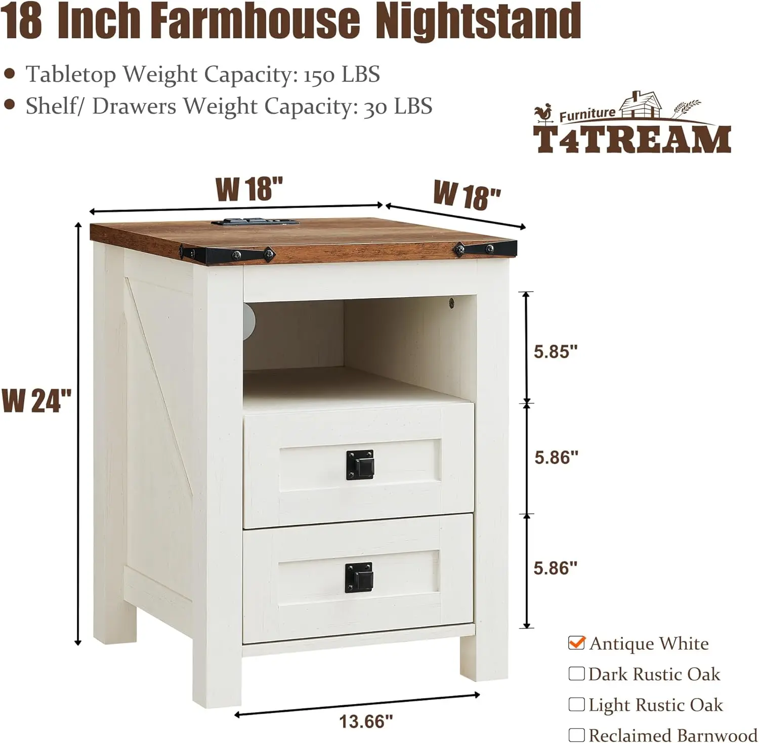 Nightstand with Charging Station, End Table, Side Table with 2 Drawers Storage Cabinet for Bedroom, Living Room, Farmhouse Desig