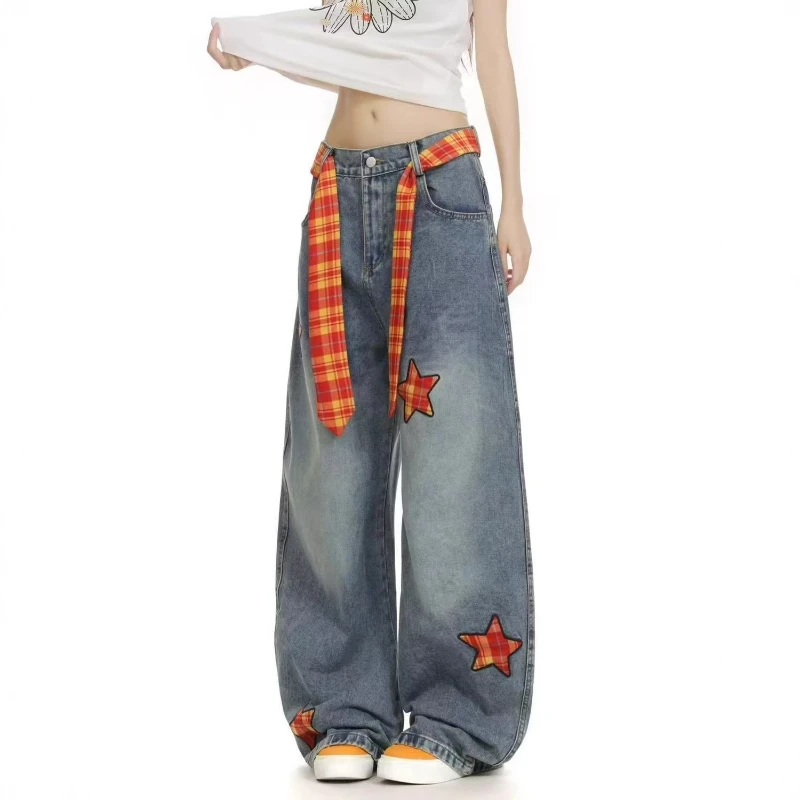 2026 Spring New Water Washed Soft Cowboy with Hanging Star Pattern Patch Stylish Pants for Women