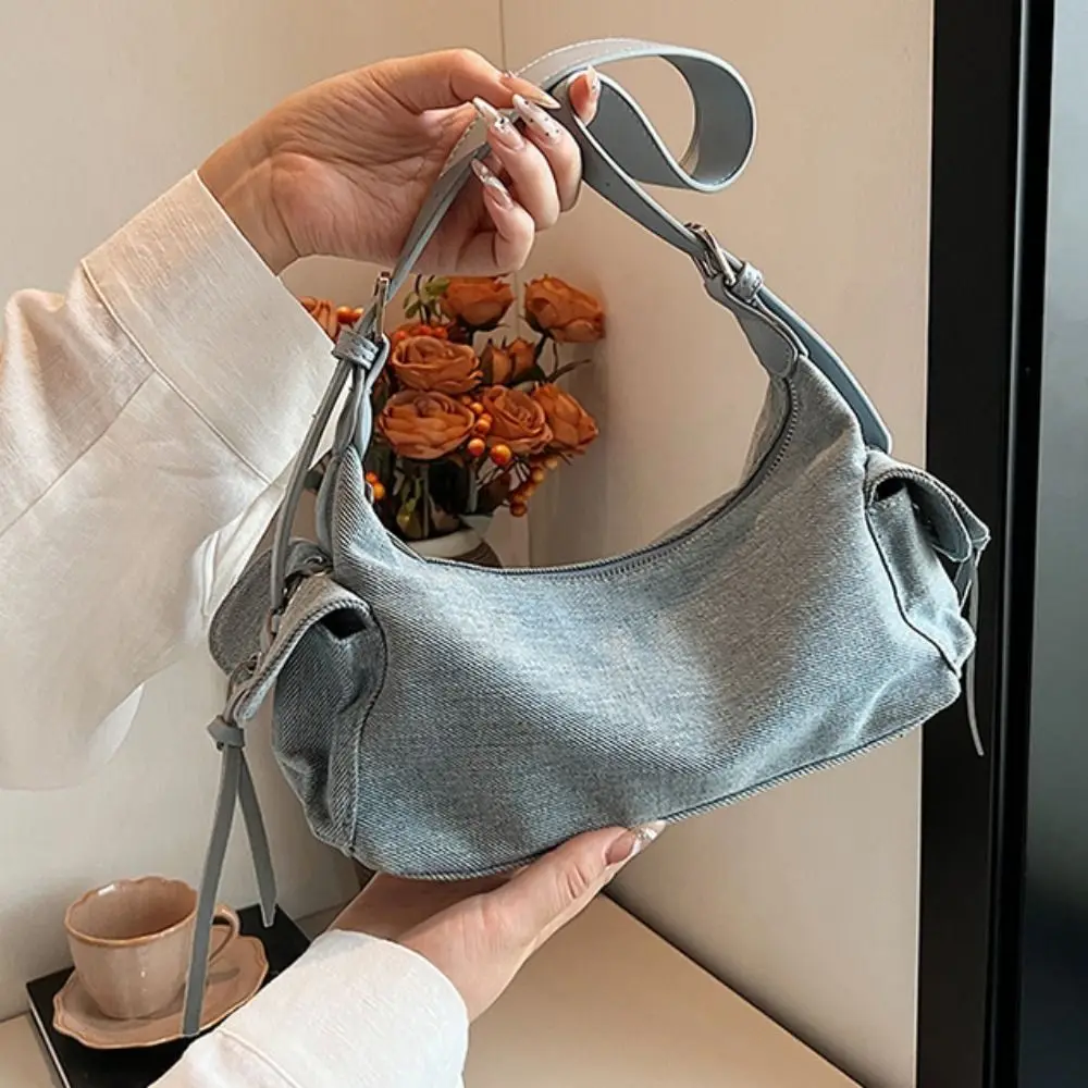 

Tote Bag Casual Punk Underarm Bag Retro Double Pocket Pillow Handbag Large Capacity Solid Color Y2K Armpit Bag Women