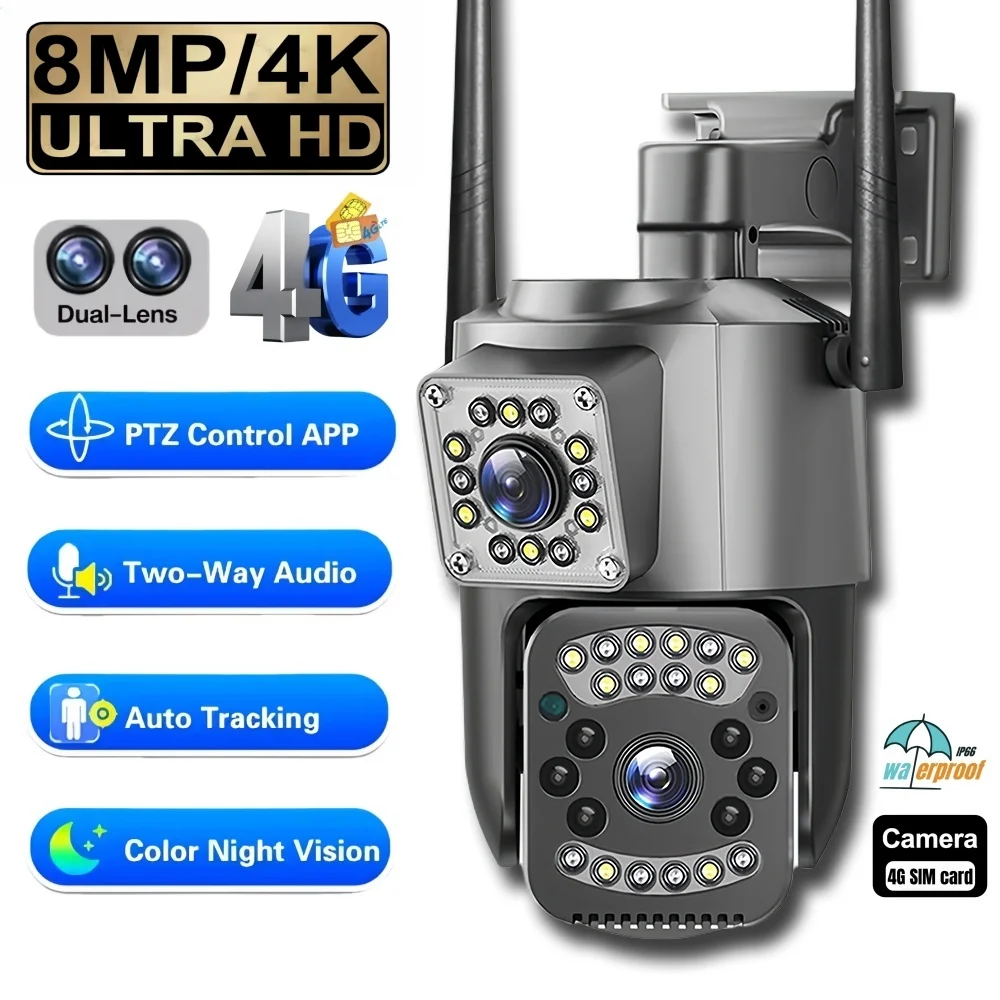8MP CCTV Camera 4G SIM Card Dual Lens HD Full Color Motion Detection Smart Home Security Surveillance Outdoor Waterproof Monitor