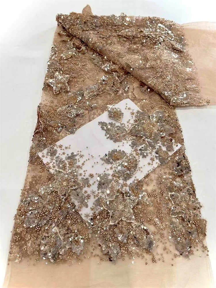 

Luxury Heavy Beaded Lace Fabric 2025 High Quality Nigerian Sequin French Tulle Fabric For Wedding Party Sewing