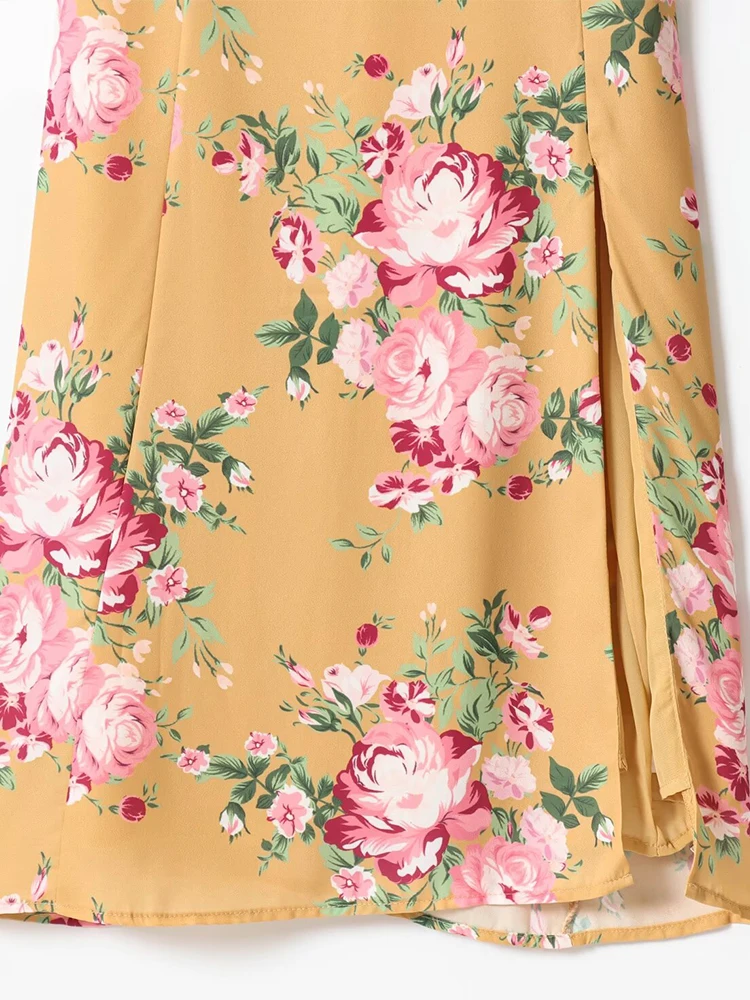 Letnia nowa damska francuska retro sukienka na ramiączkach z kwiatowym nadrukiem, podkreślająca figurę, z rozcięciem, idealna na wakacje.