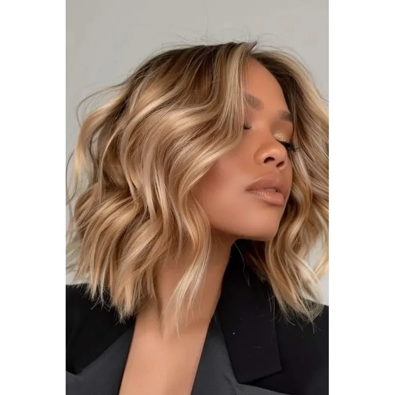 Ombre Light Honey Brown Highlight Short Wavy Lace Front 100% Human Hair Wigs