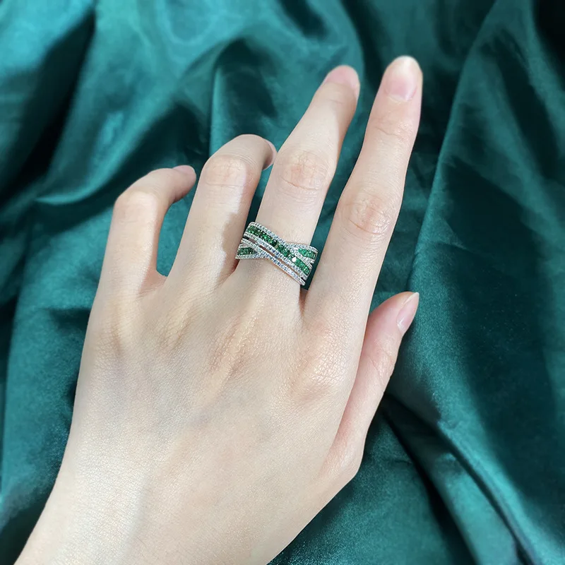 Original Real S925 Sterling Silver Emerald Wedding Ring for Women Wife Girl Lady Anniversary Gift
