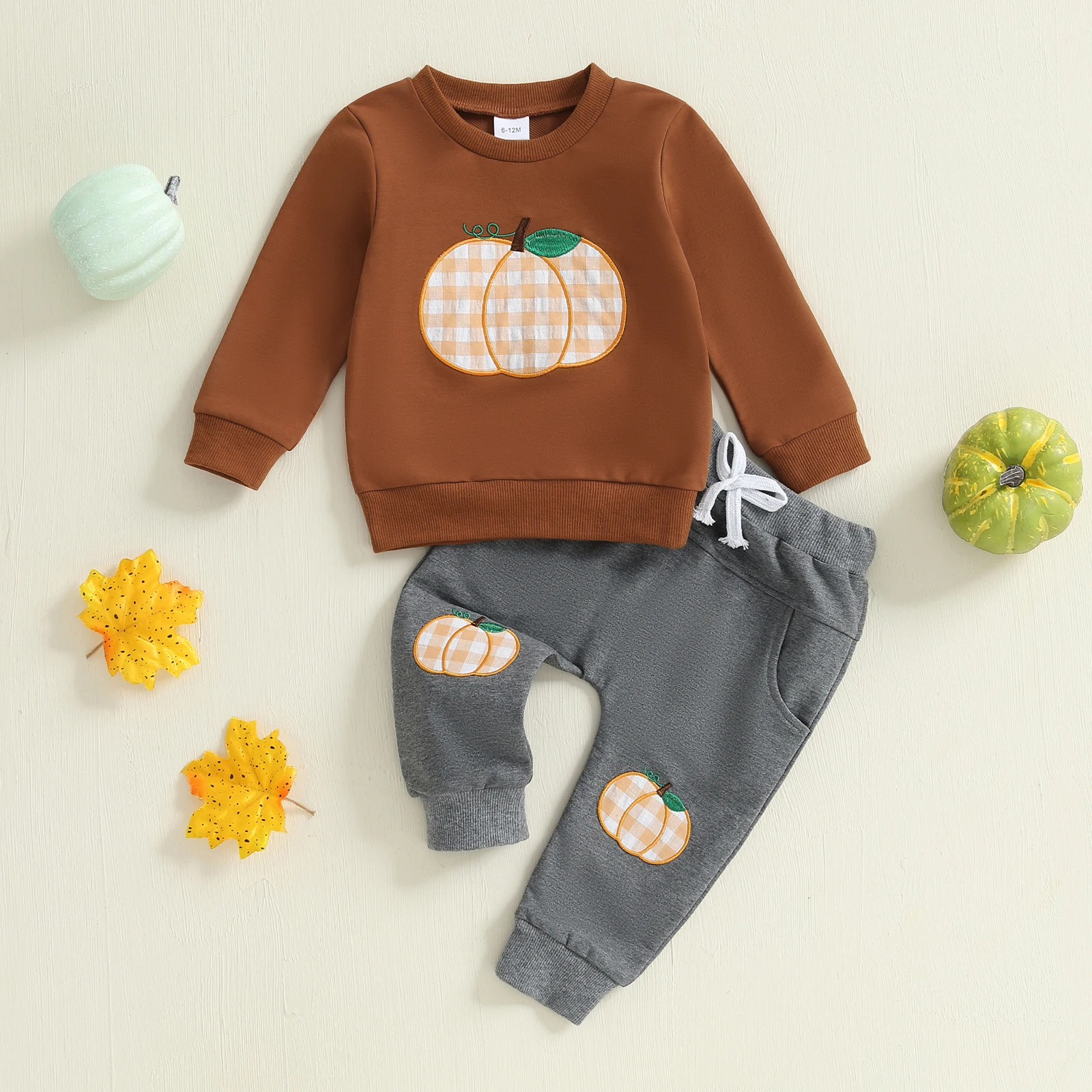 

Toddler Boy Halloween Clothes Plaid Pumpkin Embroidery Long Sleeve Pullover Elastic Waist Pants 2Pcs Fall Outfit