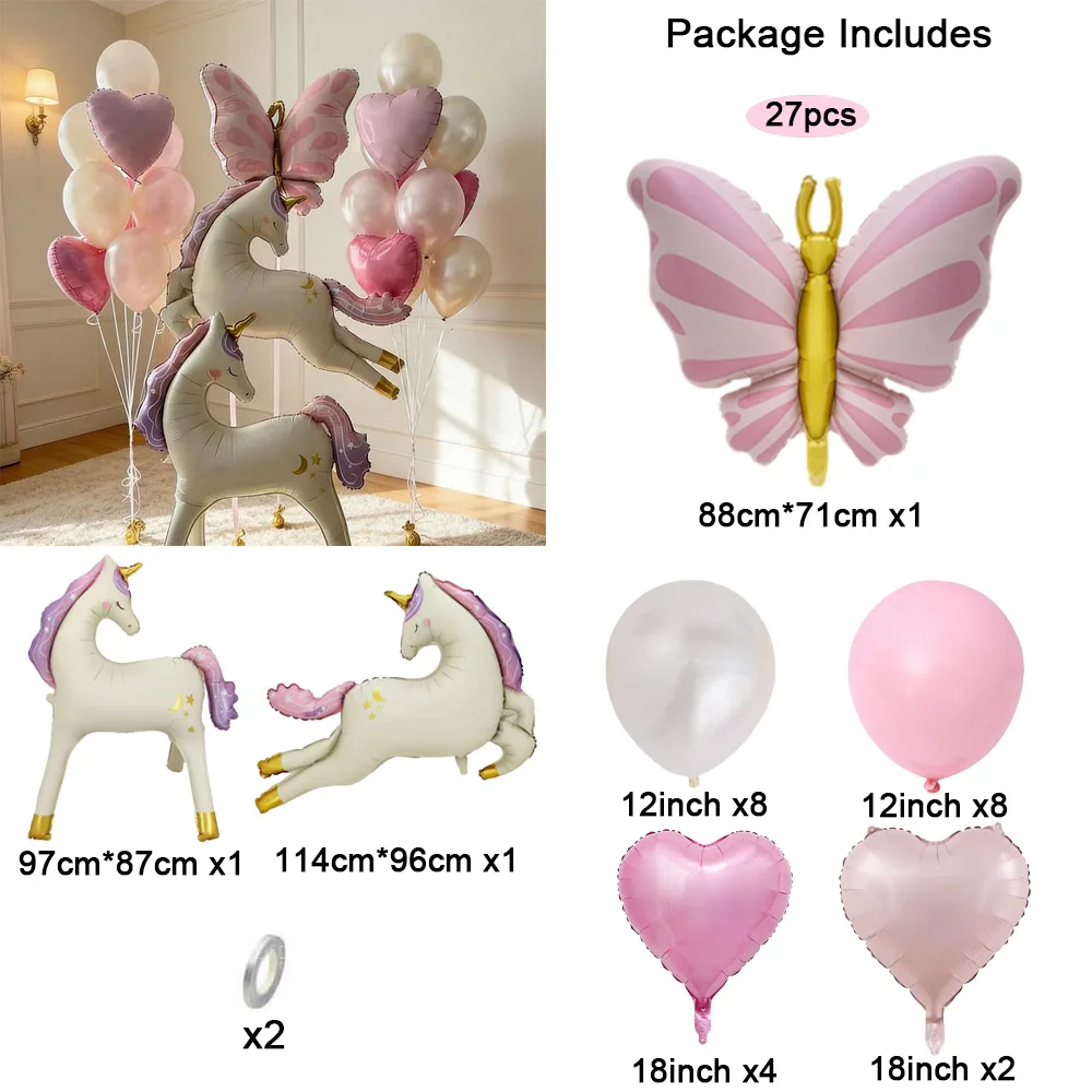 1 Set Vintage Stehender Einhorn-Ballon mit Rosa Schleife, Waldprinzessin-Thema, Ballondekoration für Geburtstag, Hochzeit, Babyparty – Detail 2