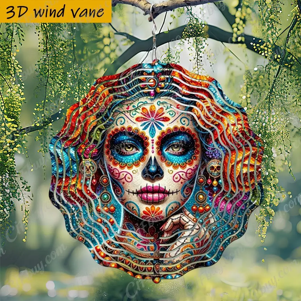 CIFBUY Wind Chime Colorful Sugar Skull Art Woman Face 360° Rotating Metal Spinner Outdoor Yard Porch Hanging Decor Gift