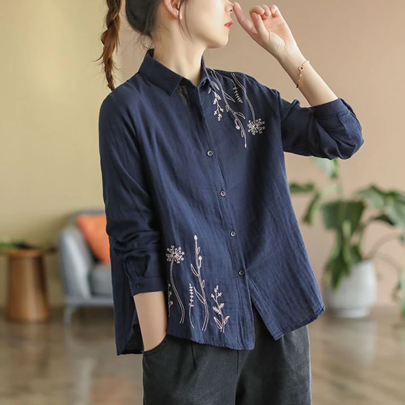 Spring Summer Polo-neck Cotton Linen Embroidery Shirt Lady Long Sleeve Casual Fashion Literary Vintage Cardigan Blouse Top Women