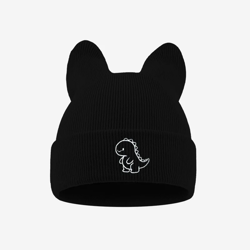 Toddler 1-3Y Sweet Cartoon Dinosaur Embroidered Knit Hat, Cozy Winter Cat Ear Beanie for Park Play & Kindergarten view 5