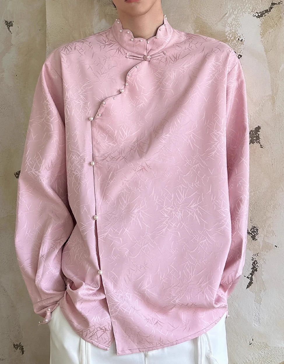 Men's 2025 Autumn New High-End Chic Shirts Fashion Jacquard Lace Stand Collar Tops Embroidered Long Sleeve Loose Comfort Shirts