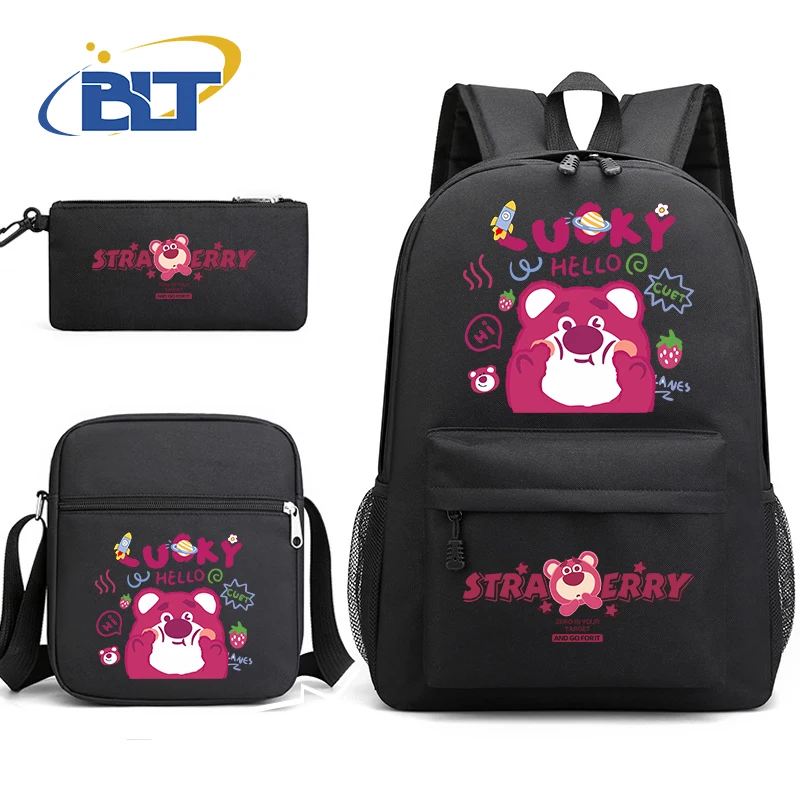 

Cute lotso bear print student school bag set youth backpack shoulder bag pencil case 3-piece set kids gift