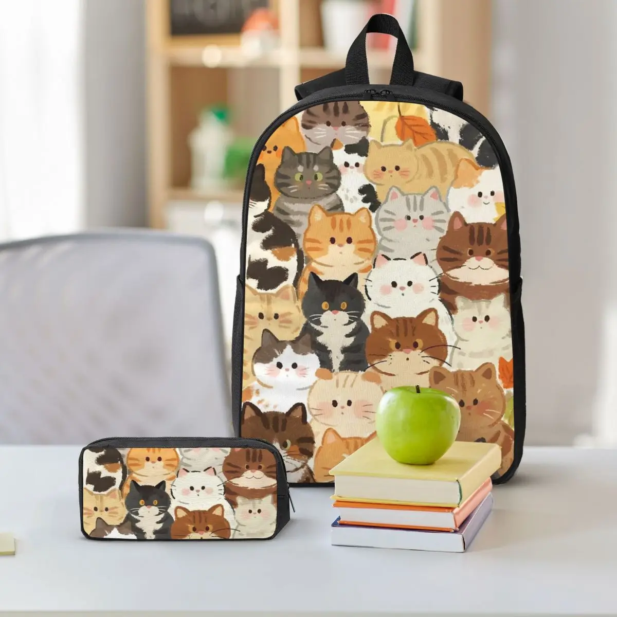Cartoon Cat Kitten Pattern Backpack Student BookBag School Bag Shoulder Bags 3ps Insulated Lunch Bag Pencil Case