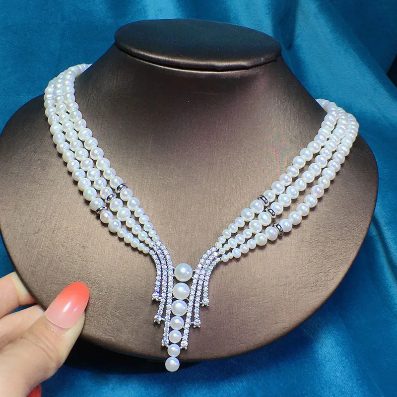 

High natural freshwater pearl necklace 5--6mm rhinestone short female fashion match evening dress bridal jewelry