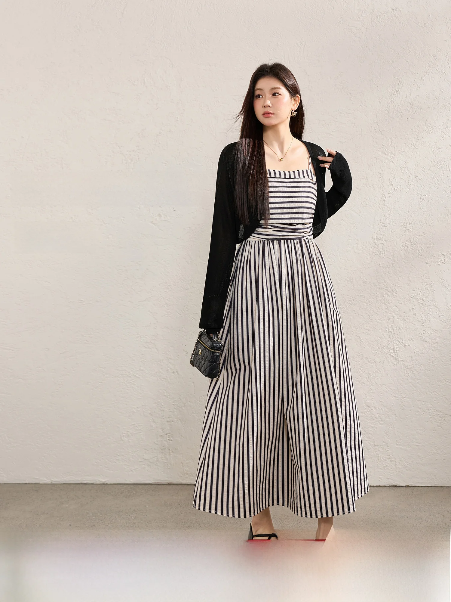 

Вязаный открытый кардиган и комплект с топом на бретельках больших размеров для женщин: весенний модный повседневный комплект с вертикальными полосками, свободный крой