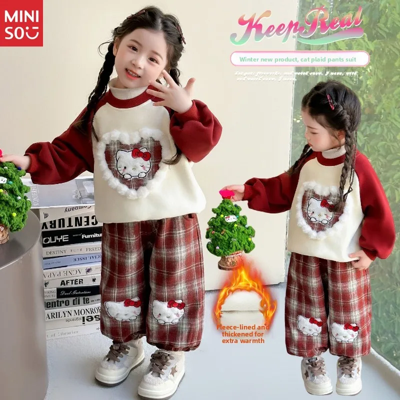 

Miniso Girls 2025 Fleece Set, Plush Hoodie & Plaid Pants Two-Piece, Winter Loungewear