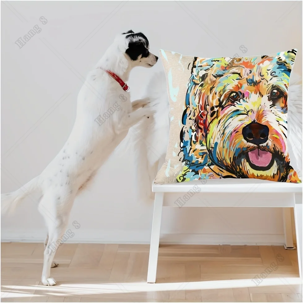 2pcs Cute Pet Goldendoodle Frise Dog Pattern Throw Pillow Covers Linen 18x18in Cushion Cases Pillowcases Sofa Home Decor