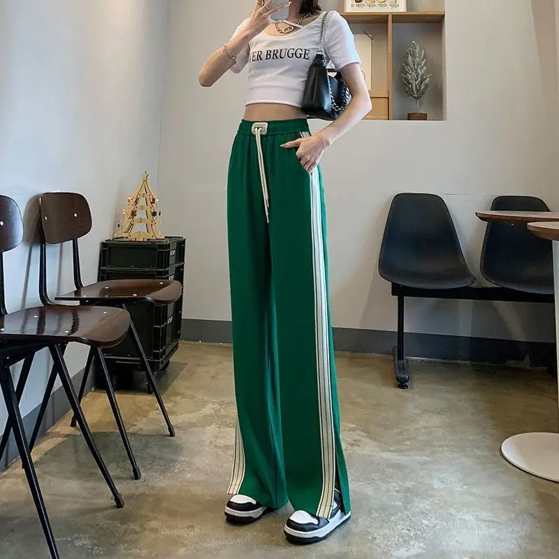 Women Clothes Summer Trendy Side Striped Harajuku Streetwear Y2K Wide Leg Pants Female High Waist Straight Trousers Pantalones